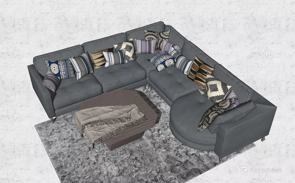 Gray Sectional Sofa With Patterned Pillows Coffee Table And Area Rug 3d model