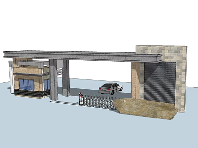 Modern Entrance Gate Design with Stone Pillars Building and Car in Front 3d model