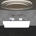 Modern Front Desk Reception Area With White Counter Gray Wall And Circular Ceiling Light 3d model