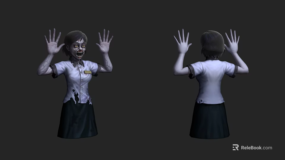 Game Character Zombie Girl With Torn Clothes Raised Hands And Scary Expression 3d model 