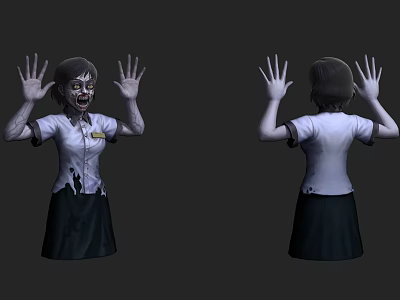 Game Character Zombie Girl With Torn Clothes Raised Hands And Scary Expression 3d model