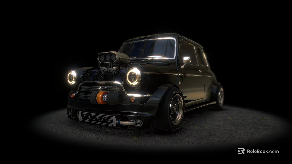 Black Modified Classic Mini with Illuminated Round Headlights Custom Hood Scoop and Stanced Alloy Wheels 3d model 