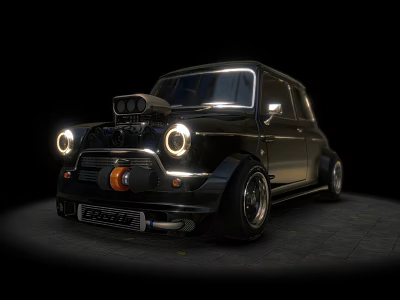 Black Modified Classic Mini with Illuminated Round Headlights Custom Hood Scoop and Stanced Alloy Wheels 3d model