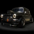 Black Modified Classic Mini with Illuminated Round Headlights Custom Hood Scoop and Stanced Alloy Wheels