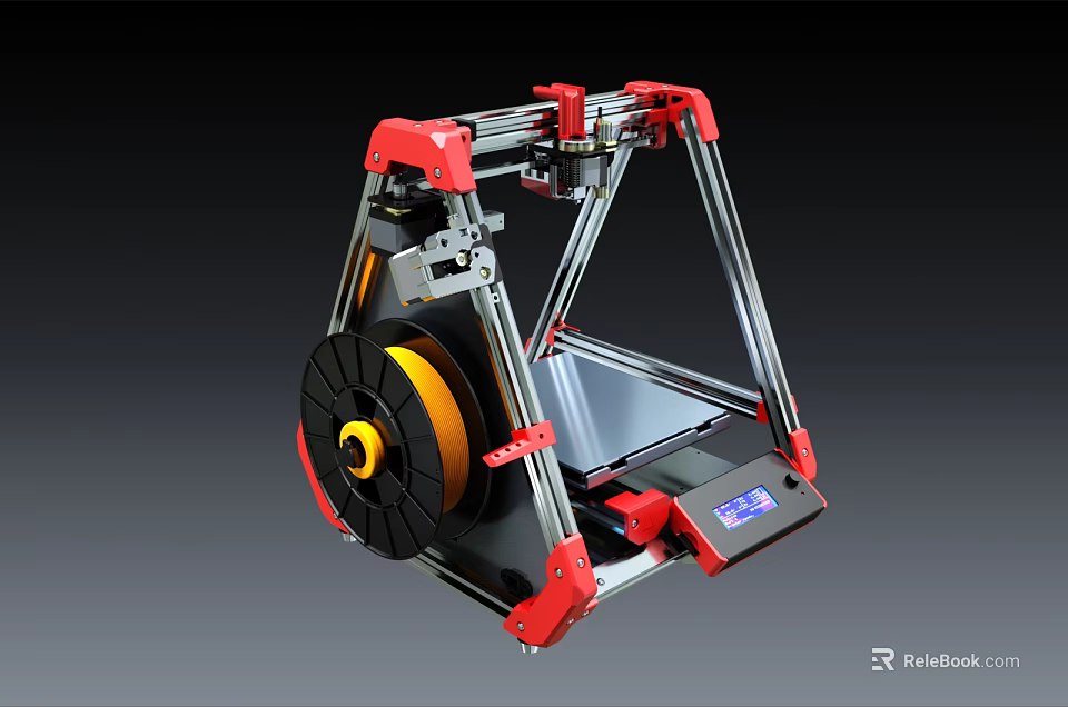 Red 3D Printer With Metal Frame Yellow Filament Spool And Display Screen As Office Appliance 3d model 