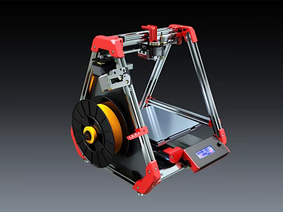Red 3D Printer With Metal Frame Yellow Filament Spool And Display Screen As Office Appliance 3d model