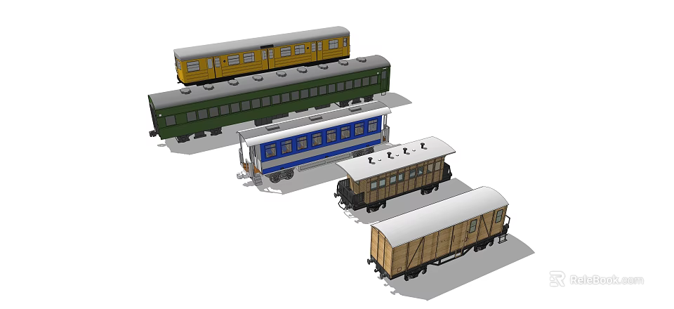 Different Colorful Vintage Train Models with Classic Carriages and Wooden Details 3d model 