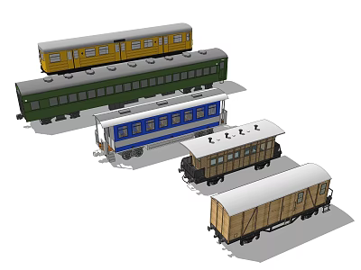 Different Colorful Vintage Train Models with Classic Carriages and Wooden Details 3d model