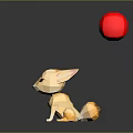 Low Poly Game Character Fox Sitting On Blue Mat With White Milk And Red Ball