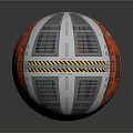 Red And Silver Mechanical Sphere With Grill Panels Circular Windows And Warning Stripes