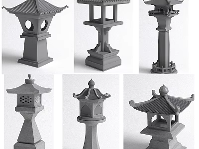 Japanese Style Outdoor Lanterns With Various Gray Roof Structures And Bases 3d model