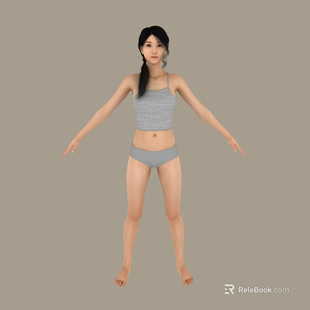 A Woman in Gray Tank Top and Underwear with Arms Outstretched on Gray Background 3d model 