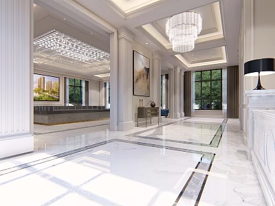 Spacious Luxurious Sales Office Lobby With Marble Floor Crystal Chandeliers And Large Windows 3d model