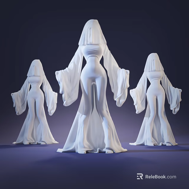 Mysterious White Robed Hooded Figures Three Game And Movie Characters Posing On Dark Background 3d model 