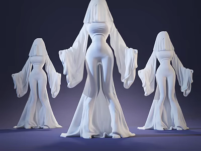Mysterious White Robed Hooded Figures Three Game And Movie Characters Posing On Dark Background 3d model