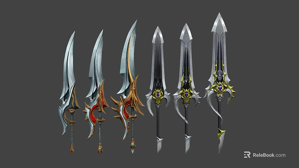 Fantasy Style Swords With Various Intricate Decorations And Colorful Accents 3d model 