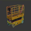Yellow Industrial Scissor Lift With Guard Rails Red Fire Extinguisher And Four Wheels
