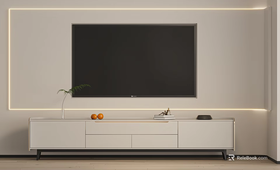 Modern White TV Stand With Large Black TV Screen Plant Oranges Books and Black Device 3d model 