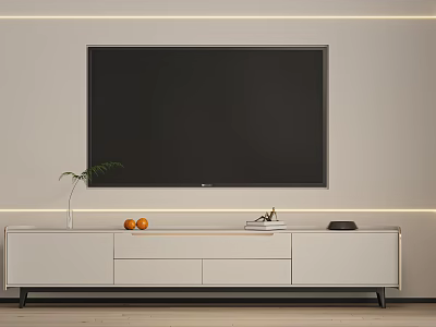 Modern White TV Stand With Large Black TV Screen Plant Oranges Books and Black Device 3d model