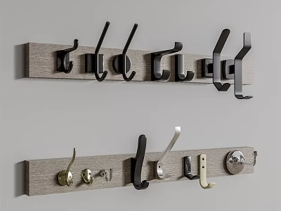 Multiple Wall Mounted Hooks In Various Styles On Wooden Boards For Home Organization 3d model