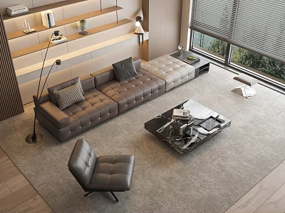 Modern Leather Sofa Coffee Table Set In Living Room With Marble Top And Accent Chair 3d model