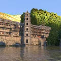 Ancient Architecture Complex With Multi Story Buildings By Water Green Trees And Mountain
