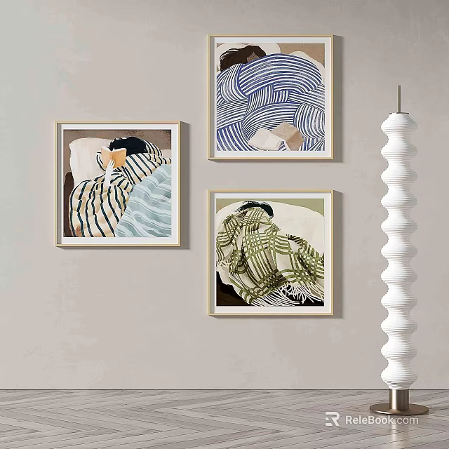 Framed Abstract Paintings Hanging On Wall With Striped And Wavy Decorative Patterns 3d model