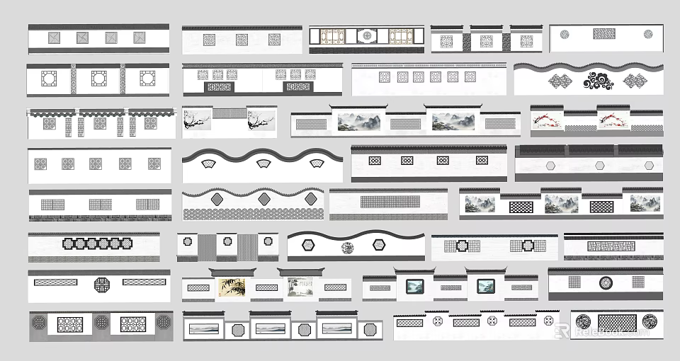Building Exterior Wall with Various Architectural Decorative Patterns and Designs 3d model