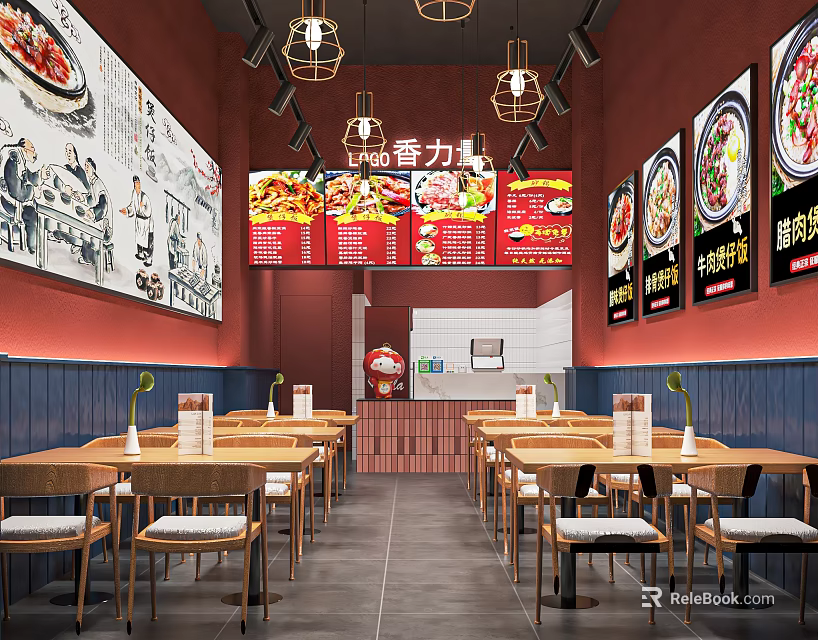 Modern Restaurant Interior with Red Blue Walls Wooden Tables Chairs Menu Posters and Pendant Lights 3d model 