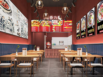 Modern Restaurant Interior with Red Blue Walls Wooden Tables Chairs Menu Posters and Pendant Lights 3d model