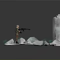Soldier Standing In Front Of Red Brick Wall With White Ice Rocks On Sandy Ground