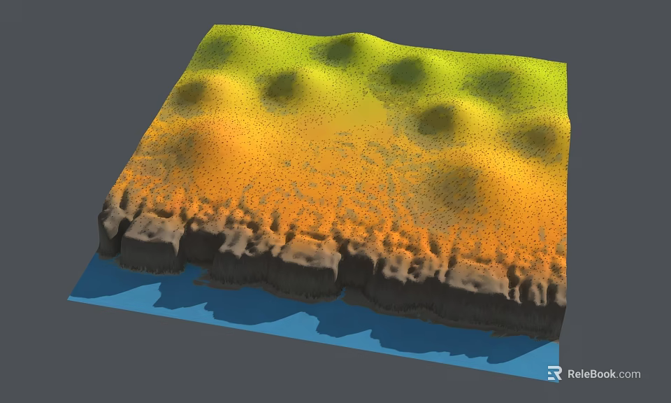 3D Terrain Model With Undulating Green And Yellow Areas Rocky Base And Blue Bottom 3d model 