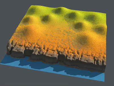 3D Terrain Model With Undulating Green And Yellow Areas Rocky Base And Blue Bottom 3d model