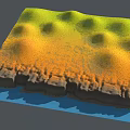 3D Terrain Model With Undulating Green And Yellow Areas Rocky Base And Blue Bottom