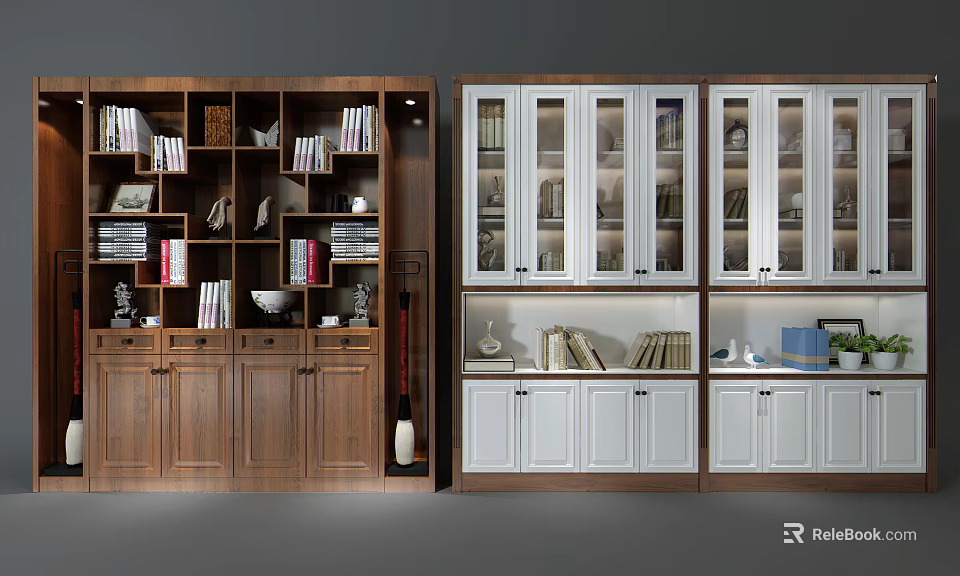 Brown And White Wooden Bookcase Interior Design With Glass Doors Multiple Compartments And Decorative Items 3d model 