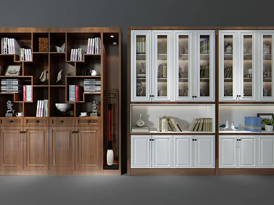 Brown And White Wooden Bookcase Interior Design With Glass Doors Multiple Compartments And Decorative Items 3d model
