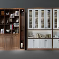 Brown And White Wooden Bookcase Interior Design With Glass Doors Multiple Compartments And Decorative Items