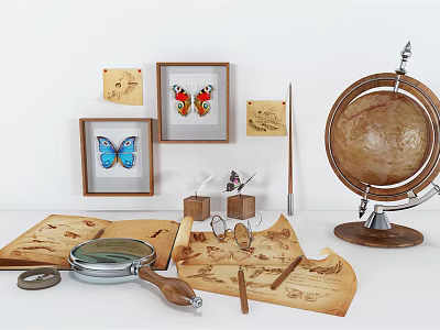 Decorative Ornament Set With Butterfly Framed Art Vintage Globe And Magnifying Glass 3d model