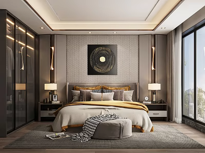 Modern Bedroom Design With Bed Pillows Decorative Art Bedside Lamps And Large Windows 3d model