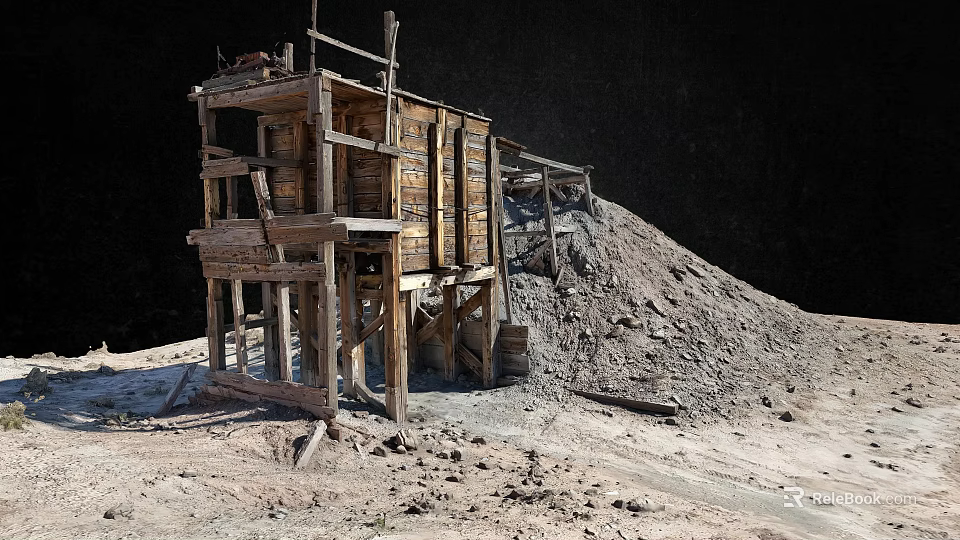 Rugged Landscape Featuring Old Wooden Shed Sand Pile On Barren Ground Under Dark Sky 3d model 