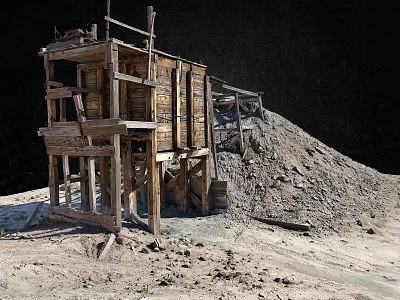Rugged Landscape Featuring Old Wooden Shed Sand Pile On Barren Ground Under Dark Sky 3d model
