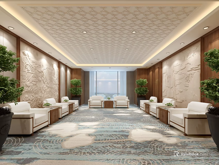 Modern Hotel Public Lounge Area With Wooden Walls Comfortable Sofas Potted Plants And Patterned Carpet 3d model 