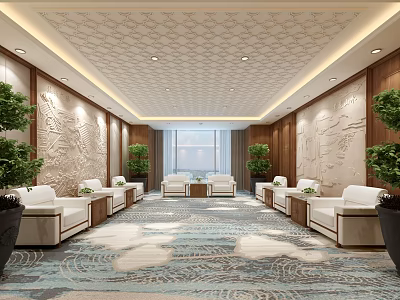 Modern Hotel Public Lounge Area With Wooden Walls Comfortable Sofas Potted Plants And Patterned Carpet 3d model