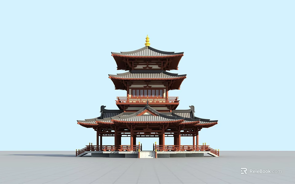 Traditional Chinese Ancient Architecture Multi Tiered Pagoda With Overhanging Eaves Red Pillars And Golden Top 3d model 