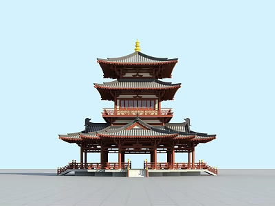 Traditional Chinese Ancient Architecture Multi Tiered Pagoda With Overhanging Eaves Red Pillars And Golden Top 3d model