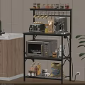 Kitchen Storage Shelf With Microwave Coffee Maker Jars And Bread Bag In Tiled Kitchen