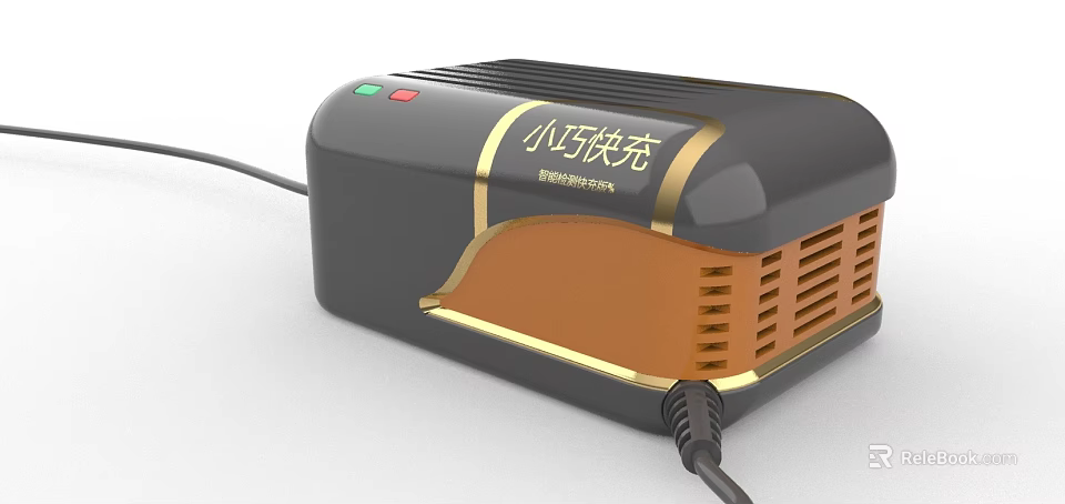 Compact Commercial Fast Charging Device With Black Gold Finish Indicator Lights And Power Cable 3d model 