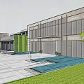 Modern Exterior Sales Office Building With Green Plants Plaza And Sidewalk