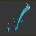 Blue Decorative Weapon Sword With Curved Transparent Blade Red Accents And Small Accessory