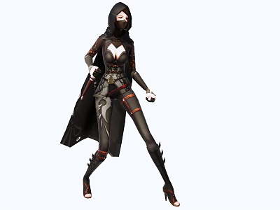 Game Movie Female Character In Hooded Black Outfit With Red Accents And Dagger 3d model
